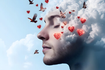 A human head surrounded by positive symbols, like hearts, birds, and light, representing mental clarity and inner peace.



