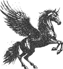 Pegasus vintage y2k stipple art, horse halftone stipple brutalist retro vector png with transparent background, wings 2000s aesthetic photocopy effect tattoo