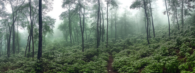 Obraz premium Panoramic view of forest with morning fog