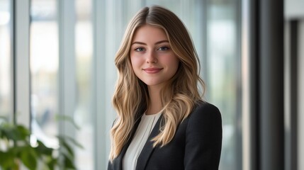 Confident young blonde woman wearing a black suit smiling while working at a modern day law firm.