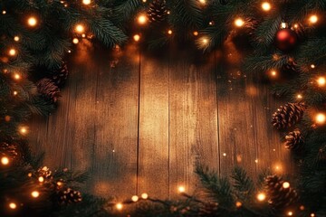 Cozy Christmas Rustic Wooden Background with Warm Fairy Lights and Beautiful Wood Texture