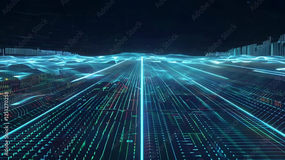Aufkleber experience the mesmerizing journey through a digital landscape of vibrant lines and waves in a futur