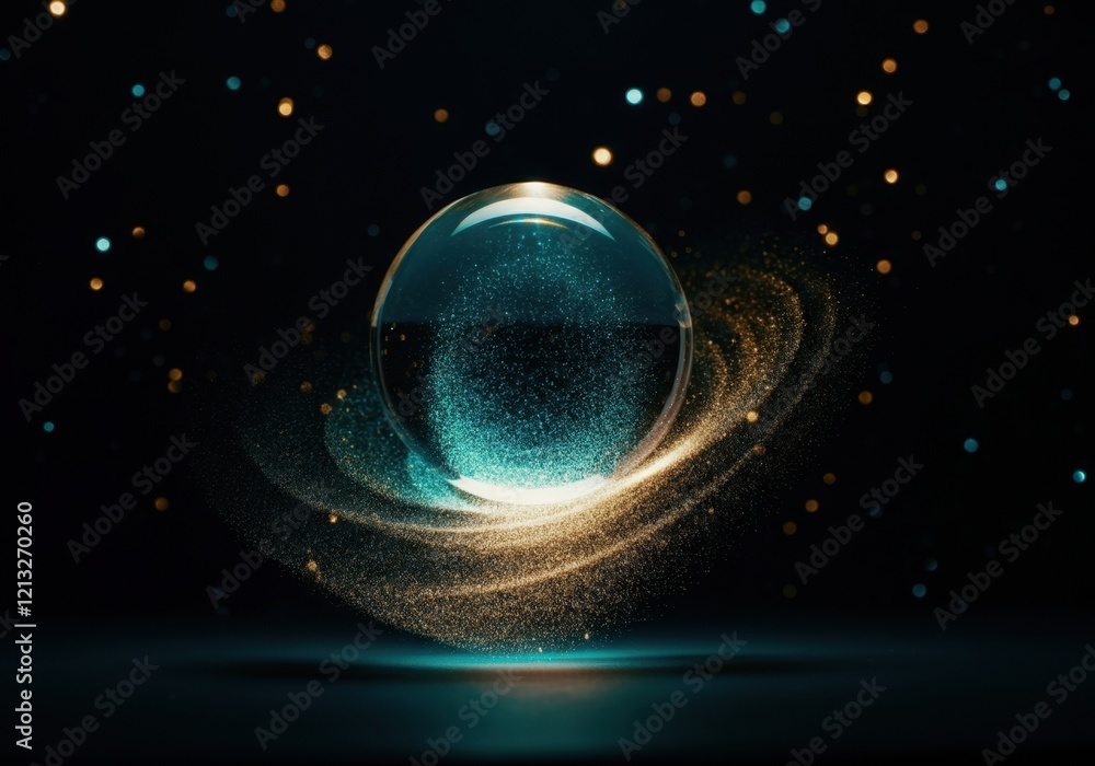 Aufkleber glass sphere with blue particles floating on golden rings of light particles on a dark background wi