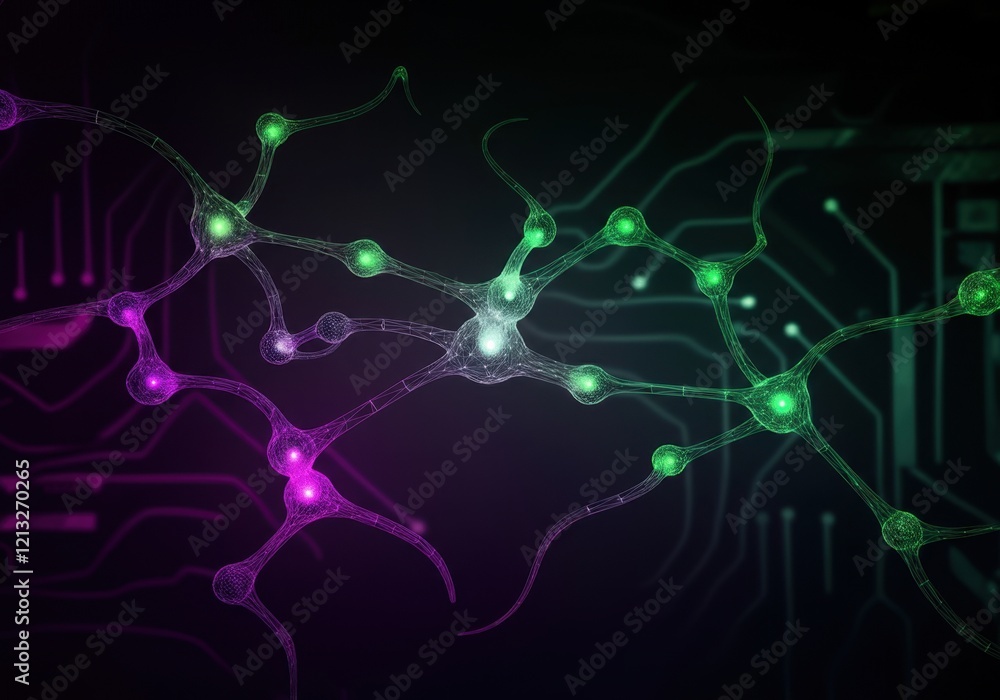 Poster glowing neural network transferring data on a circuit board background, concept of artificial intell