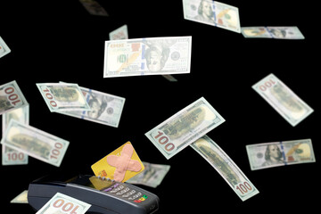 Mounting credit card debt, band-aid on card is deeper finance problem. Flying dollar bills represent uncontrolled spending. Band-aid solution can't fix stress of potential bankruptcy