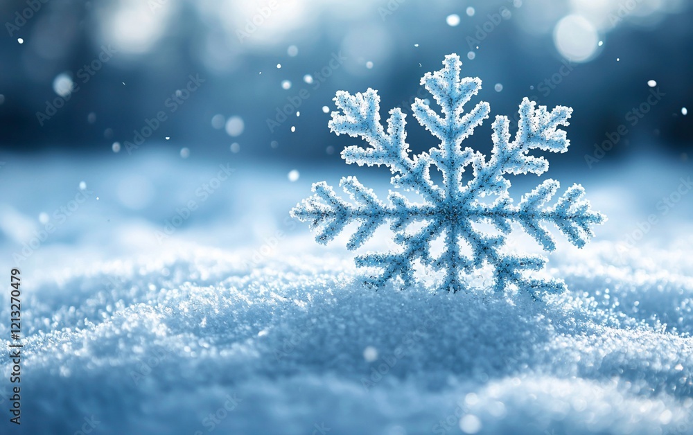 Poster close-up of a snowflake in snowy landscape.