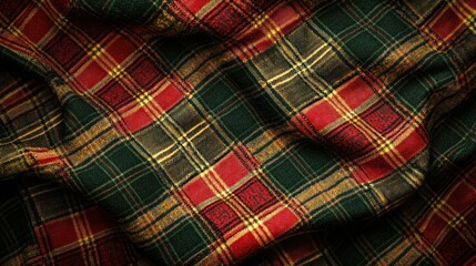 Red, green, gold plaid fabric texture background