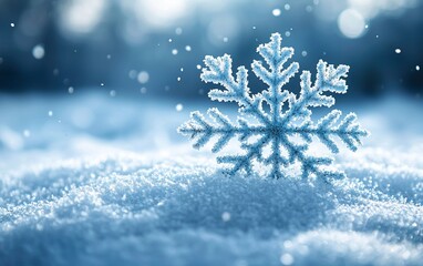 Close-up of a snowflake in snowy landscape.