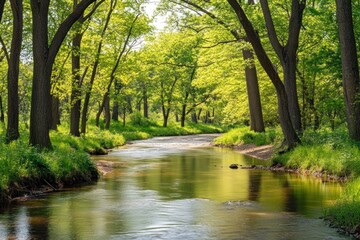 Serene stream flows through sun-dappled forest