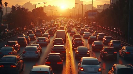 Obraz premium Heavy rush hour traffic jam on urban highway with congestion and long lines of automobiles during sunset