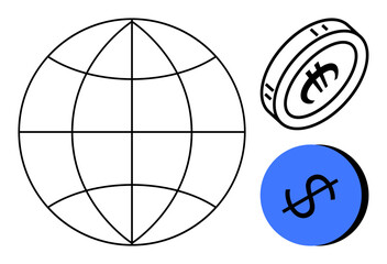 Globe with latitude and longitude lines, coin with digital currency symbol, and blue circle with dollar sign. Ideal for finance, cryptocurrency, global trade, digital transactions, international