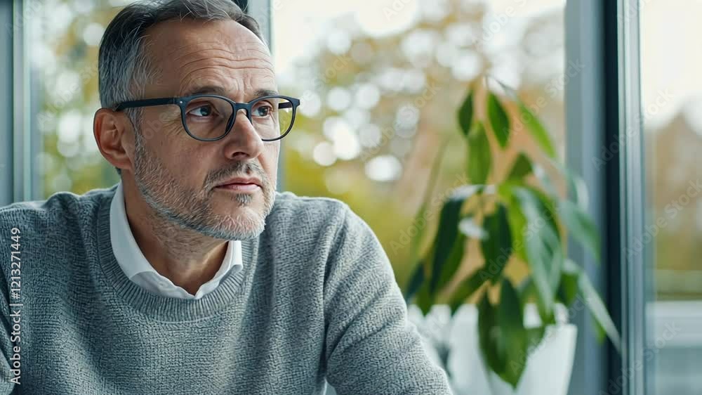 Poster focused man analyzing chart in modern office setting