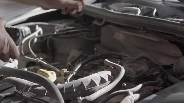 Car Mechanic Repairs Engine Air Hose Footage.