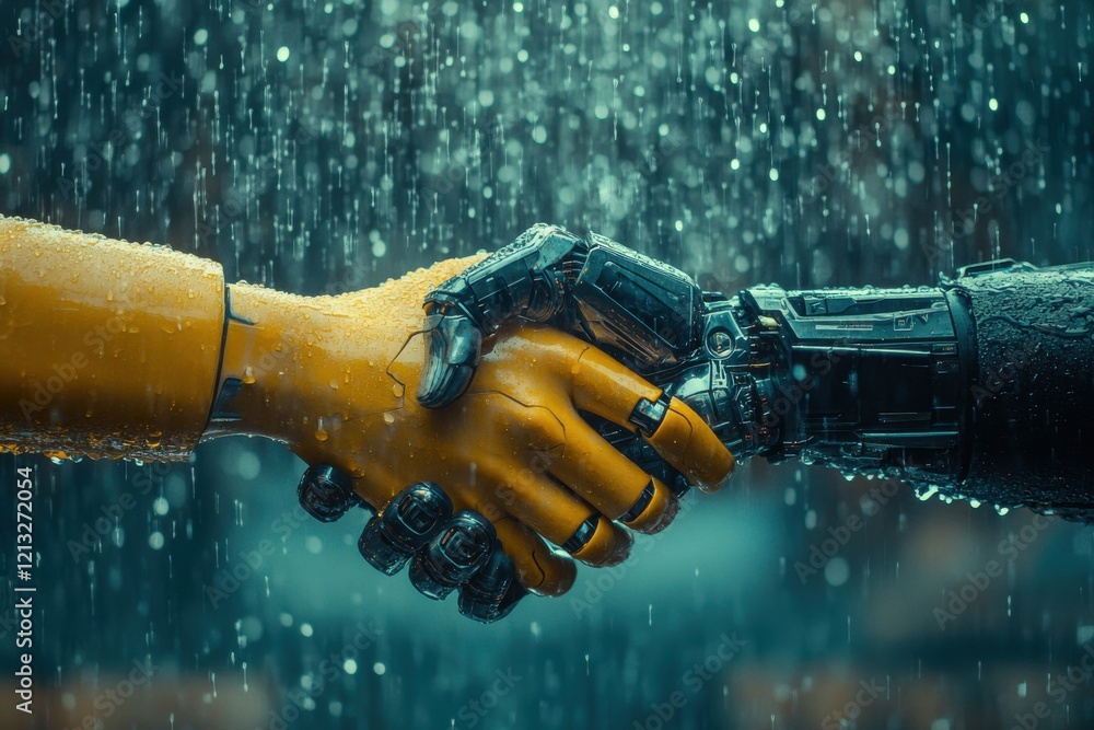 Poster a dutch angle shot of a handshake between a human and robotic hand symbolizing ai partnership surrou