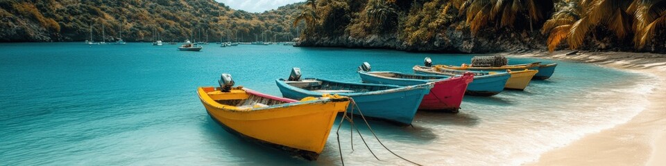 Naklejka premium Vibrant Colorful Boats on Serene Tropical Beach with Turquoise Waters and Lush Green Cliffs Under Sunlit Blue Sky: Perfect Summer Getaway Destination