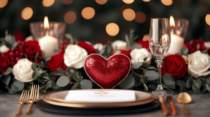 Sophisticated Valentine's Day setting with an ornate heart-shaped centerpiece.