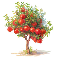 Pomegranate Tree with Fruit | Hand-Painted Watercolor Flat Vector Art.  
