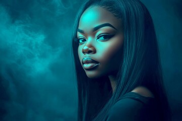 Commercial digital ads conceptual art. Long haircut - straight hair. Gorgeous calm black girl - for ads, billboard and social media use. Black hair glamour. Chic black fashion. Long hair mode.