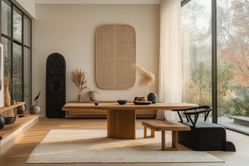 Minimalist Workspace with Wooden Table Black Chair Natural Light Calm Focused Environment