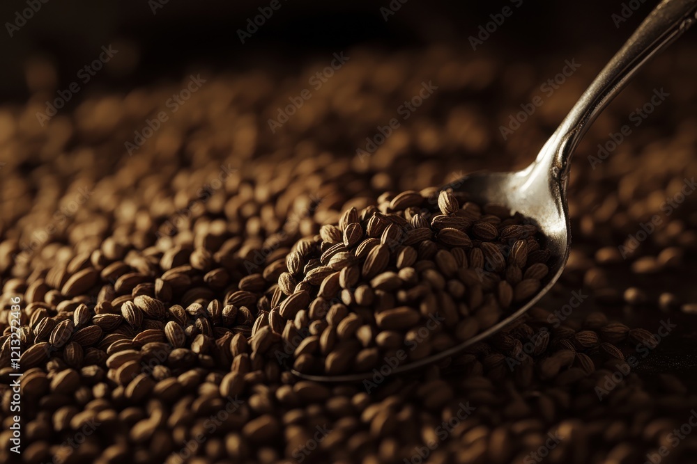 Poster a high angle shot of a spoon gently resting in a pile of cumin seeds with some seeds spilling over, 