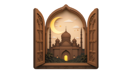 A beautiful mosque seen through an ornate wooden archway.