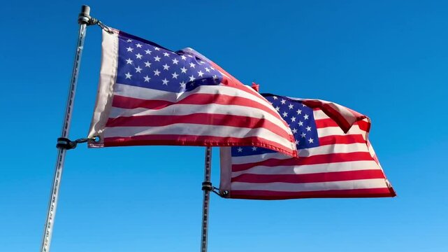 Patriotic UTV enthusiasts showcase vibrant American flags mounted on flexible light whips, fluttering proudly against a clear blue sky, capturing the spirit of off-road adventure and national pride.