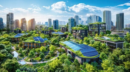 Eco-city sunrise Sustainable urban landscape with solar panels