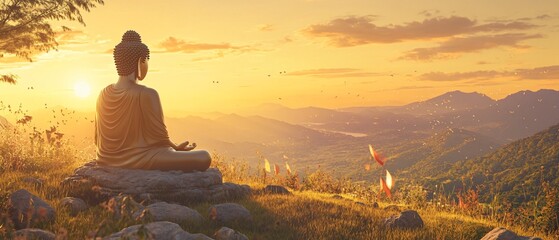 Buddha statue on hilltop with rocks, wild grass at sunset. Background with mountains.. Copy space. Generative AI
