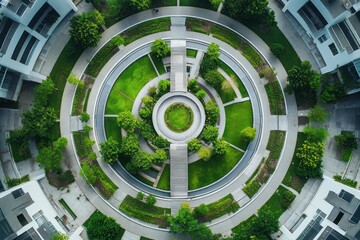 Aerial view circular park modern buildings