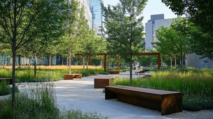 Tranquil urban park path, modern benches, city skyline