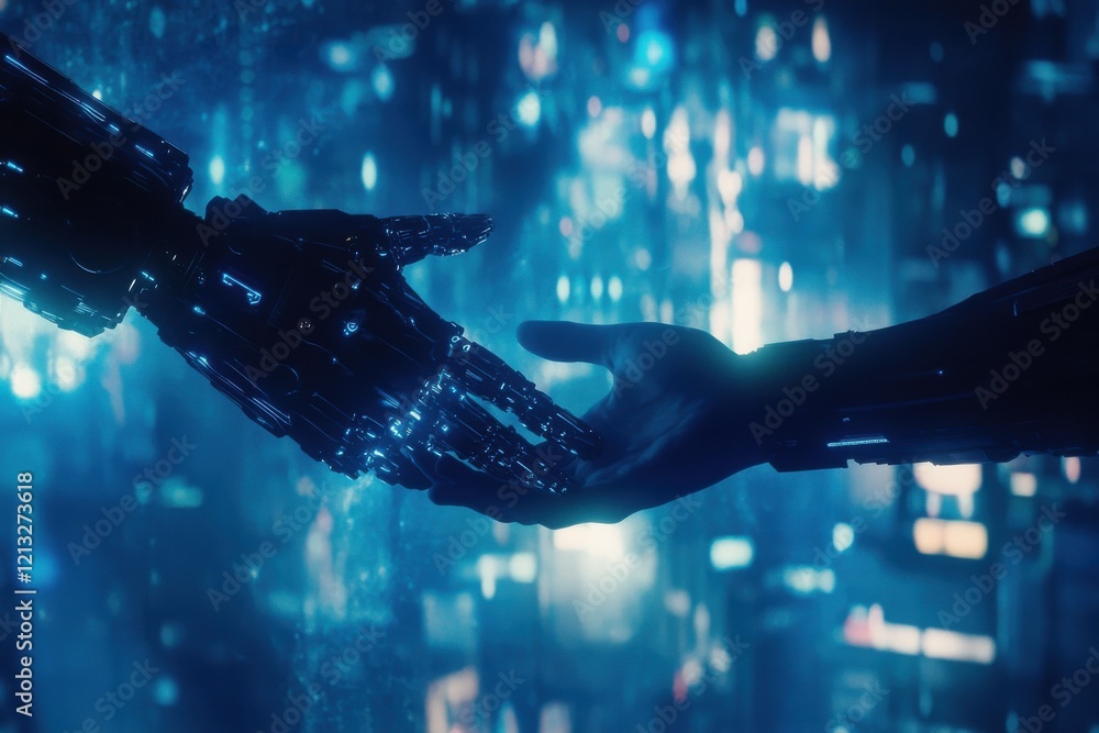Poster a robotic arm extending to shake hands with a human against a glowing digital grid in a futuristic e