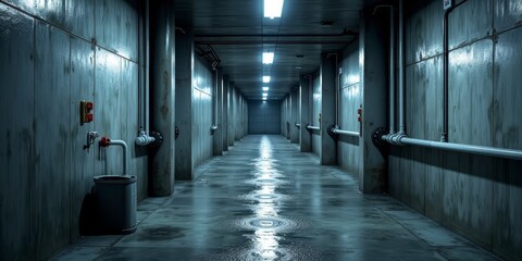 A dimly lit, industrial hallway with pipes and a trash can