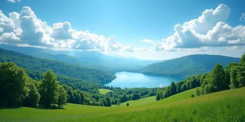Fototapeta premium A serene landscape with rolling hills and a lake