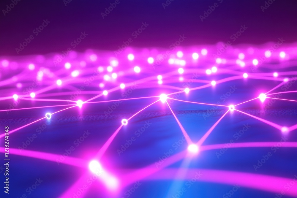 Poster pink and blue lines forming a network with glowing nodes, representing data connections in a futuris