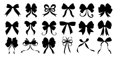 Fototapeta premium A collection of black bows with varying shapes and sizes. The bows are all drawn in black and white, giving them a classic and elegant appearance