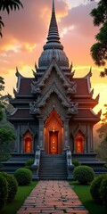 A serene temple in the heart of a lush, tropical forest
