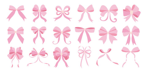 A collection of pink bows in various sizes and shapes. The bows are arranged in a row, with some overlapping each other. Scene is playful and whimsical, as the bows are all pink