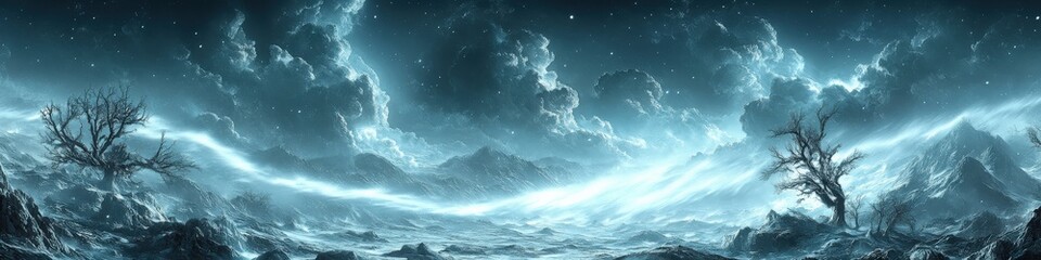 Obraz premium Breathtaking Dark Stormy Sky Over Desolate Landscape with Lightning Strikes, Dramatic Clouds, Bare Trees, and Atmospheric Turbulence in Moody Winter Scene