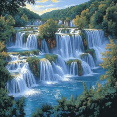 Stunning Multi-tiered Waterfalls Amidst Verdant Forest Scenery with Lush Vegetation and Clear Blue Waters in Serene Natural Landscape Setting at Sunrise