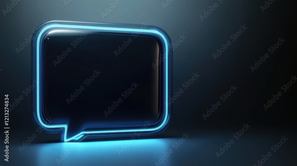 Poster empty speech bubble with glowing neon blue light on a dark background representing communication