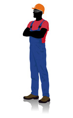 Silhouette of a Construction Worker in Safety Gear with Arms Crossed. Vector Flat Style Illustration Isolated On White