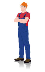 Side View of a Construction Worker in Safety Glasses with Arms Crossed. Vector Flat Style Illustration Isolated On White