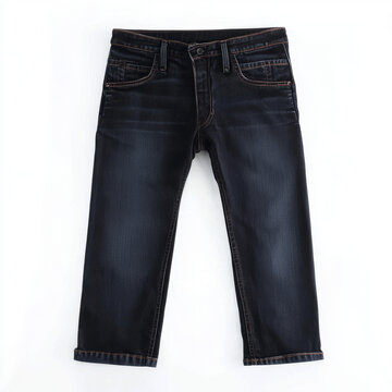 Dark wash denim jeans, cuffed, front view.