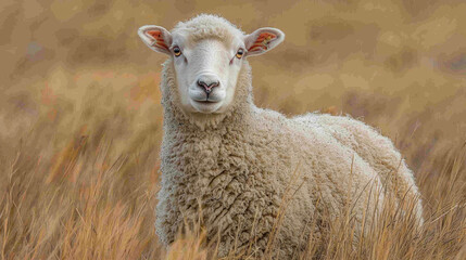 Obraz premium Fluffy sheep stares ahead in a field of tall grass.