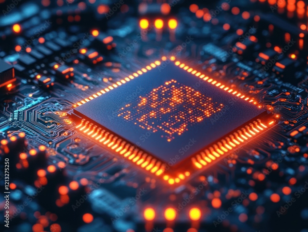 Poster close-up view of futuristic quantum computer microchip with glowing blue and orange circuitry in cyb