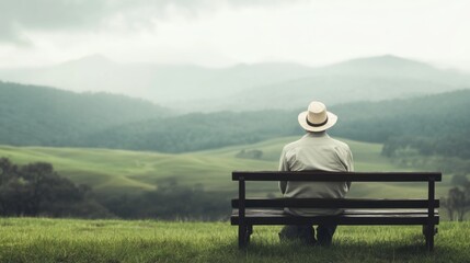 Man sits on bench overlooking misty mountain valley.