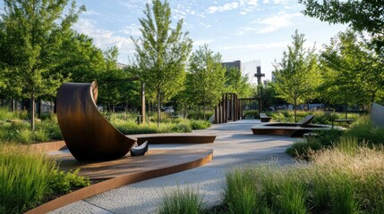 Modern park sculpture, serene walkway, urban background, relaxation