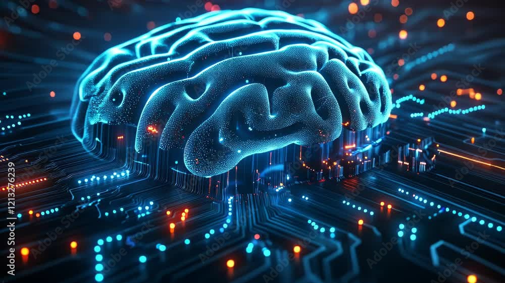 Poster exploring the fusion of technology and intellect with a neon brain over a circuit board landscape. g
