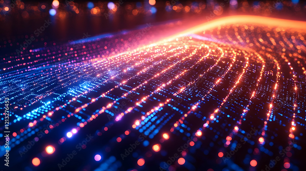 Poster abstract digital wave of glowing particles, dynamic data flow, futuristic technology background