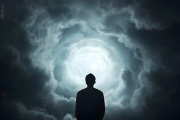 A person surrounded by a halo of light, with dark clouds and swirling thoughts being pushed away by positive energy.


